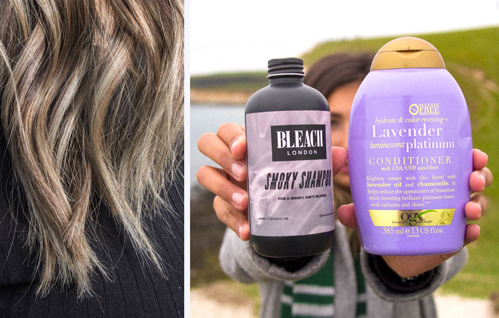 Entretien balayage – Bleach London smoky shampo & OGX luminescent platinium