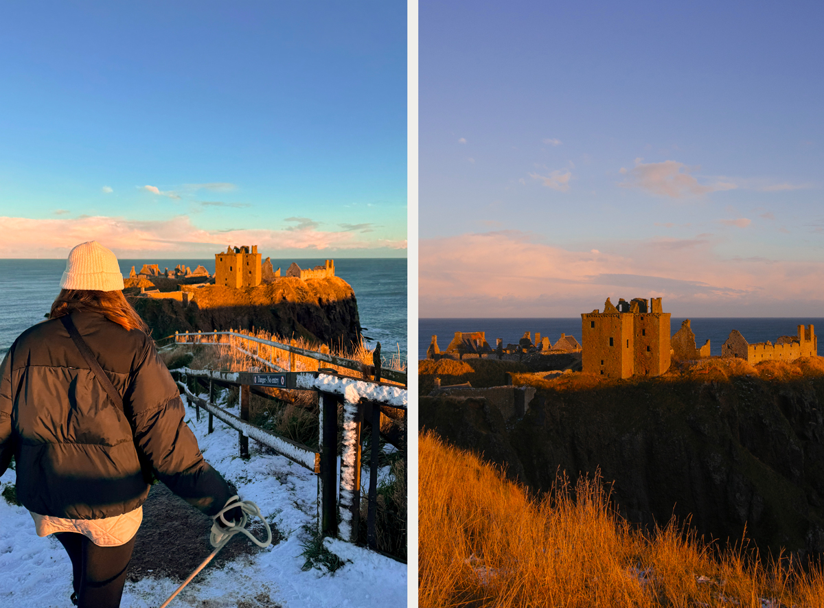 Coucher de soleil à Dunnottar Castle en Ecosse en hiver