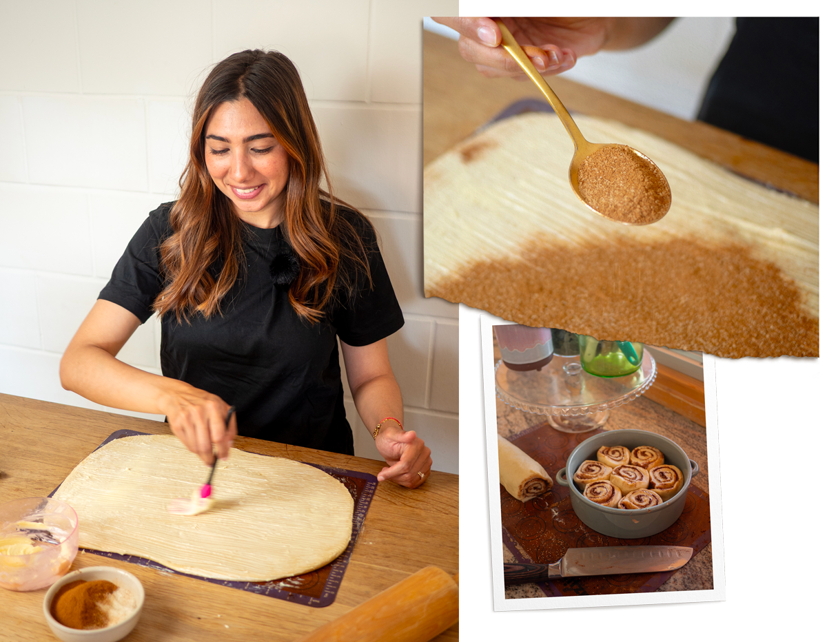 Préparer la farce à Cinnamon Rolls avec de la cardamome et découpage des cinnamon rolls